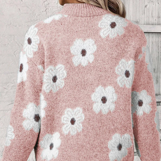 Pullover mit Reißverschlusskragen, rosa Strick mit weißen Blumen auf dem Rücken