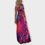 Maxikleid mit Spaghetti-Trägern und Tie-Dye-Muster in Pink, Blau und Rot, lang