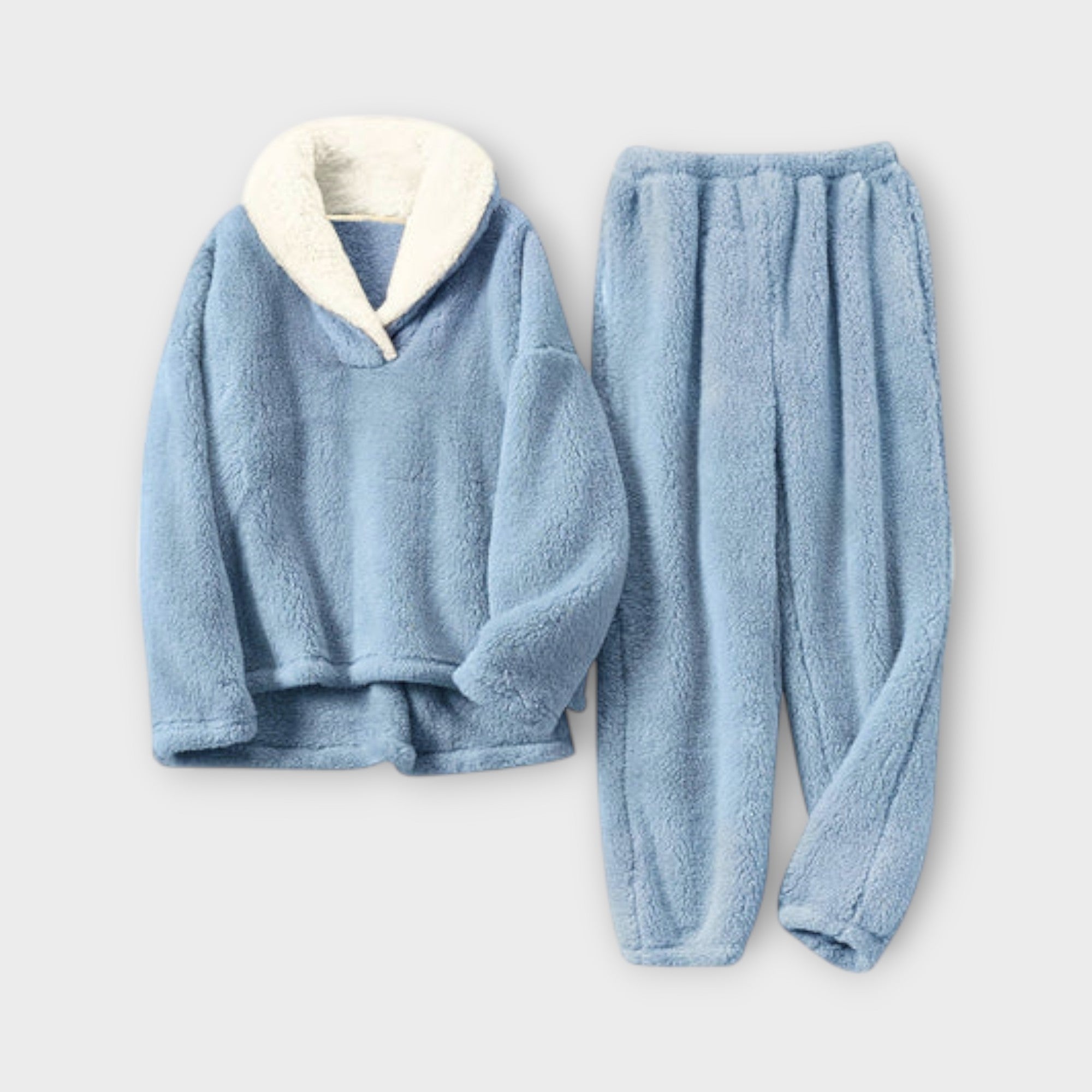Blaues Flanell-Set: Kapuzenoberteil mit Plüschkragen und Jogginghose