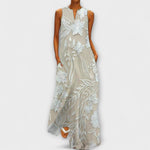 Maxikleid ohne Ärmel mit botanischem Blumenprint, khakifarbenem Grund