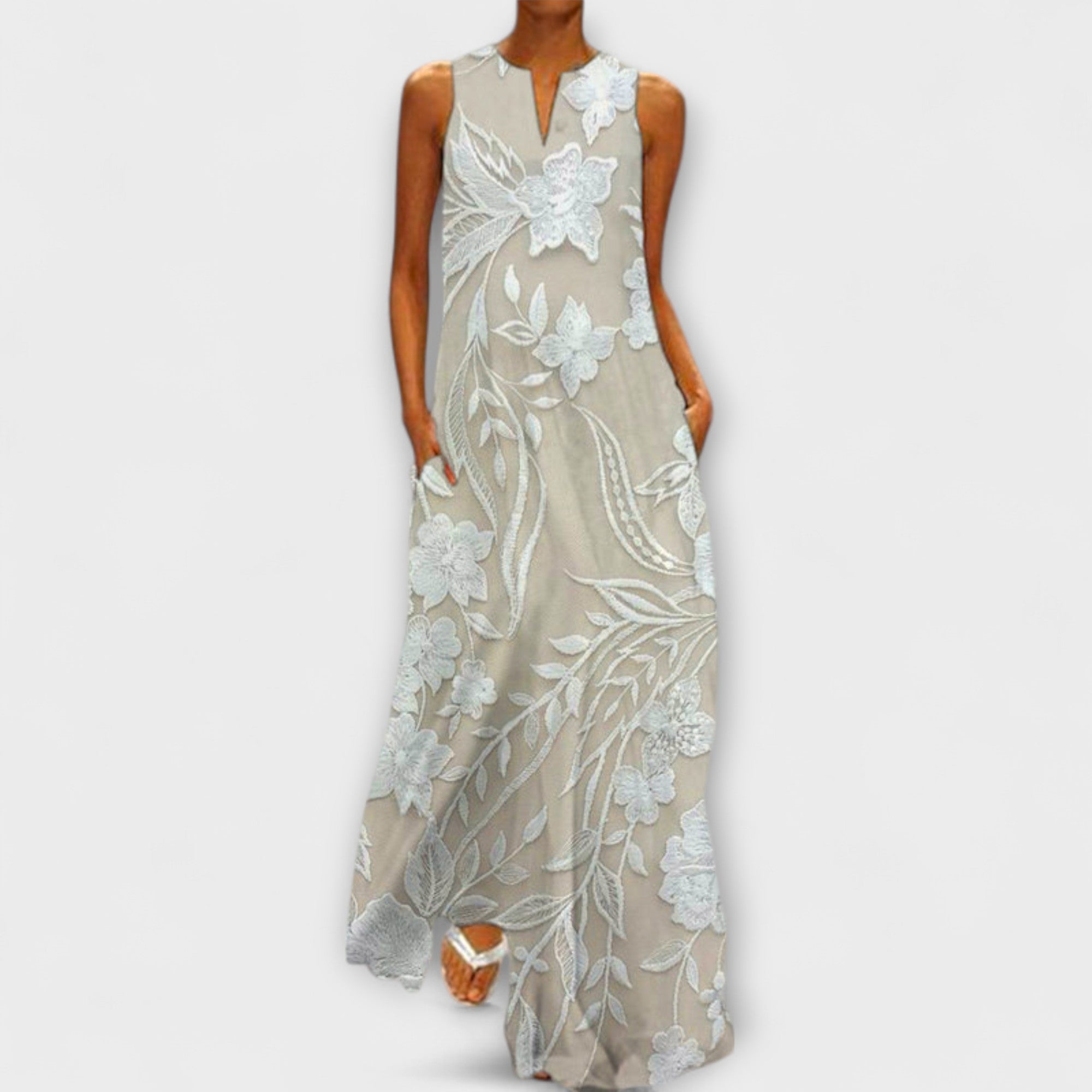 Maxikleid ohne Ärmel mit botanischem Blumenprint, khakifarbenem Grund