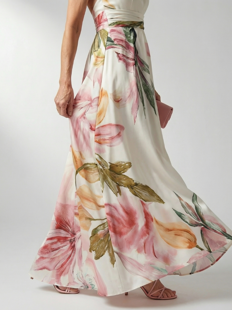 Maxikleid mit Blumenprint und Taillengürtel, Wickeloptik am Oberteil, hellrosa