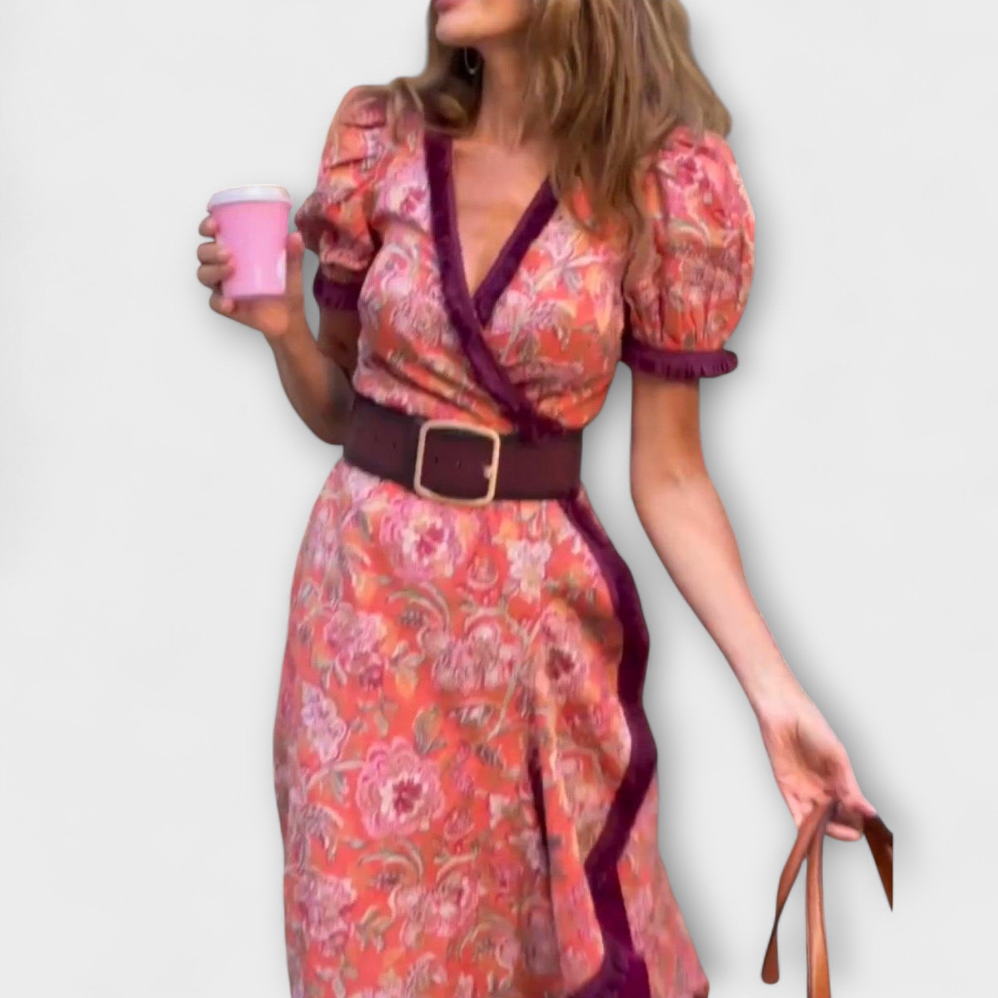 Rosa Maxi-Kleid mit kurzen Puffärmeln, V-Ausschnitt und breitem Gürtel in Dunkelrot