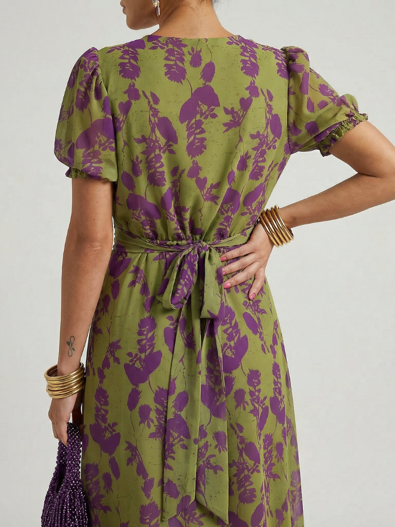 Rückansicht Midi-Kleid mit gebundenem Taillenband und lila Blütenmuster auf Olivgrün