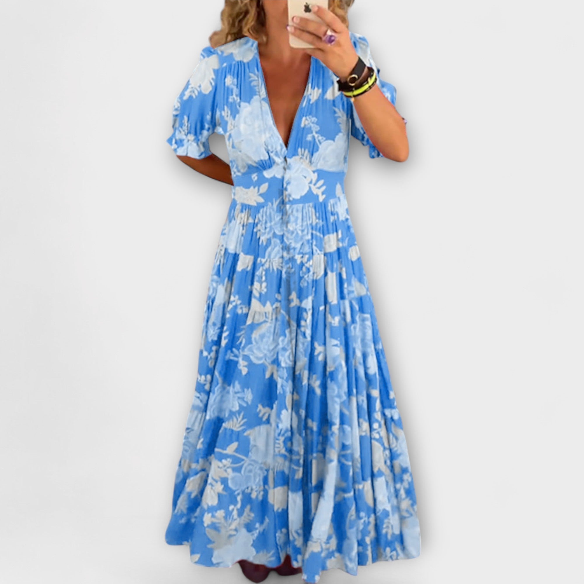 Catrisa-Blumenkleid mit V-Ausschnitt, kurzen ausgestellten Ärmeln und weitem Rock (blau)