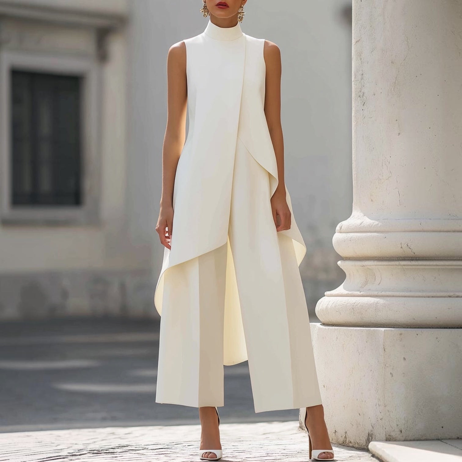 Elegantes langes Kleid in Weiß, ärmellos, mit hohem Kragen und seitlich drapiertem Rock