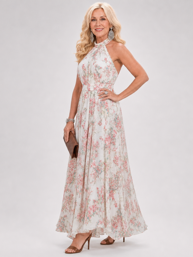 Fließendes Midikleid mit Blumenmuster, ärmellos, Halterneck; hell, zarte geraffte Taille
