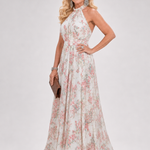 Fließendes Midikleid mit Blumenmuster, ärmellos, Halterneck; hell, zarte geraffte Taille