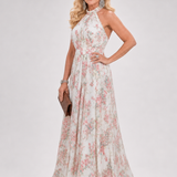 Fließendes Midikleid mit Blumenmuster, ärmellos, Halterneck; hell, zarte geraffte Taille