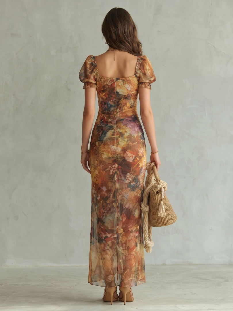 Mehrfarbiges Midi-Kleid mit Rüschenärmeln und Bein-Schlitz