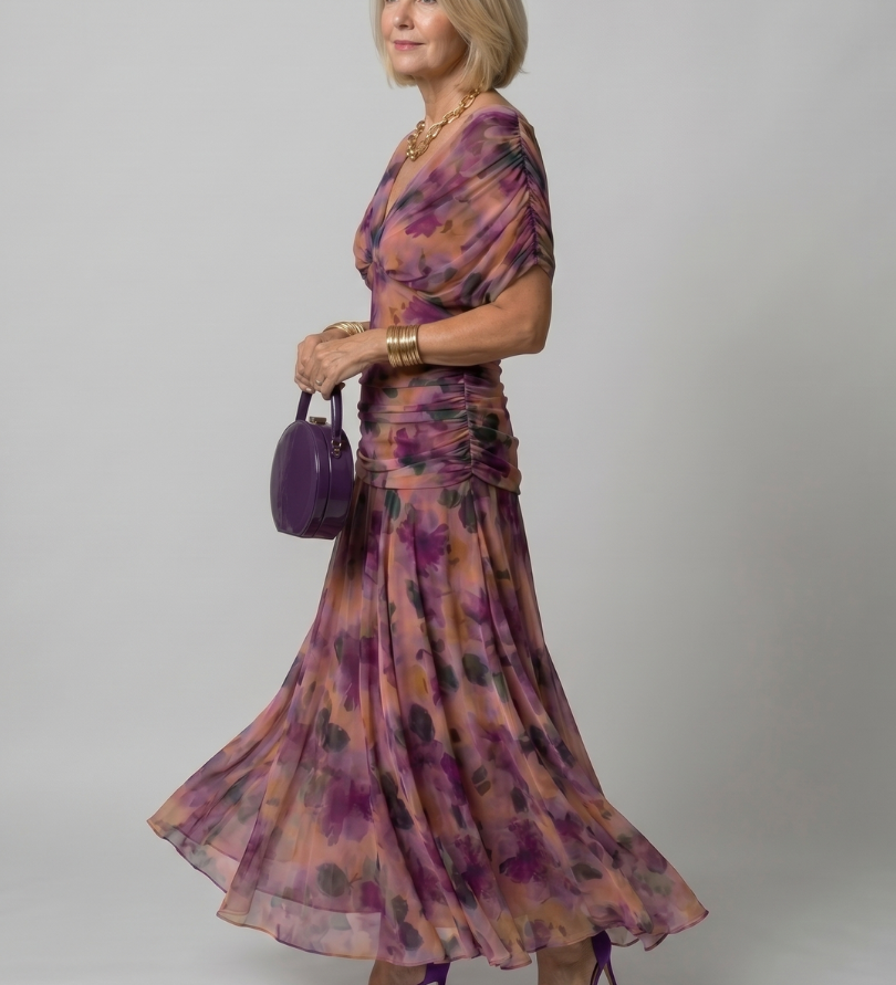 Lila Off-Shoulder-Midi-Kleid von Calen, seitlich: Blumenprint und Volantsaum