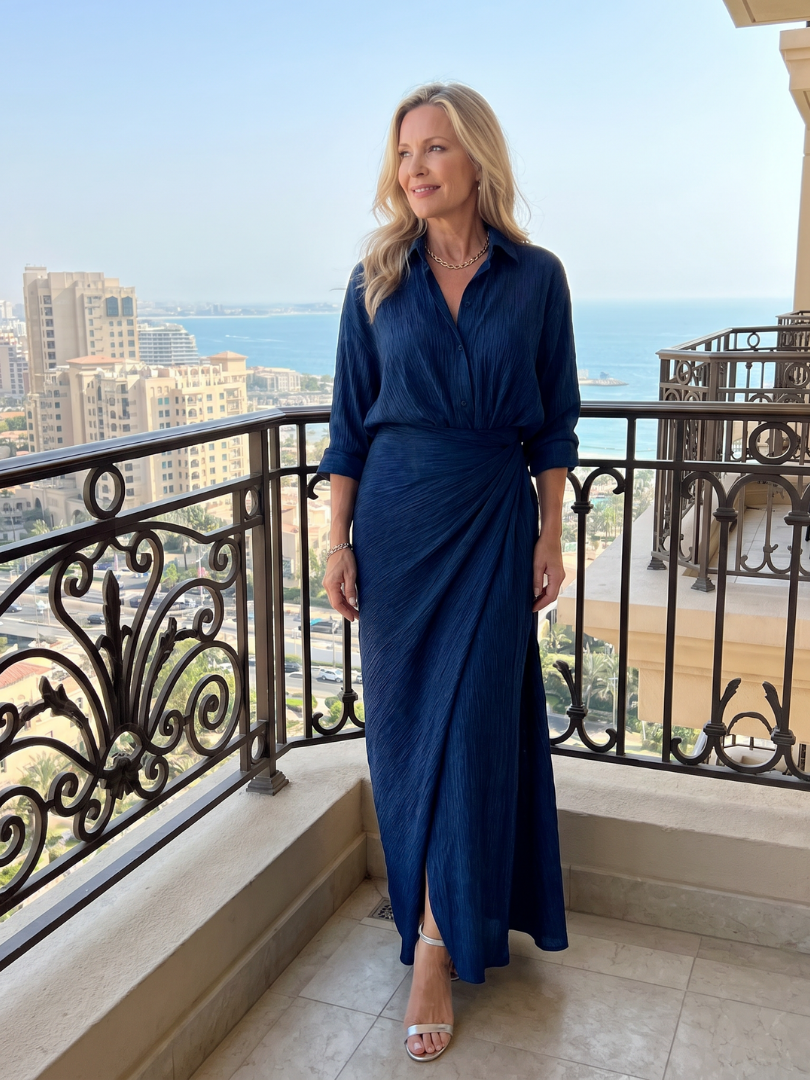 Marineblaues Maxikleid mit Wickel-Front und langen Ärmeln, drapiert, bodenlang