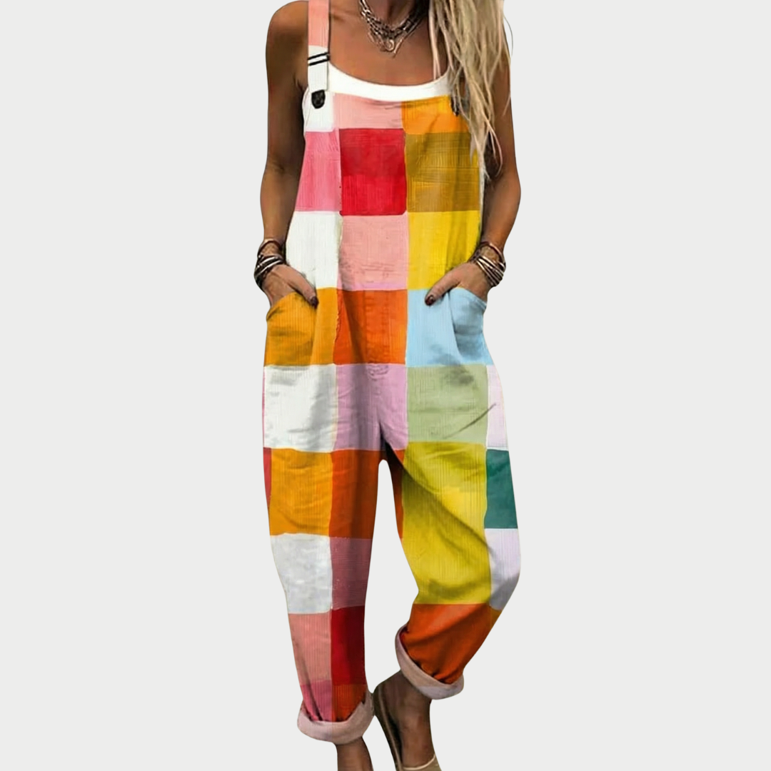 Bequemer Overall ohne Ärmel mit Patchwork-Print, weiten Beinen