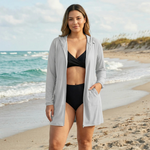 Graue UV-Abdeckung mit Kapuze und langem Ärmel, vorn mit Reißverschluss
