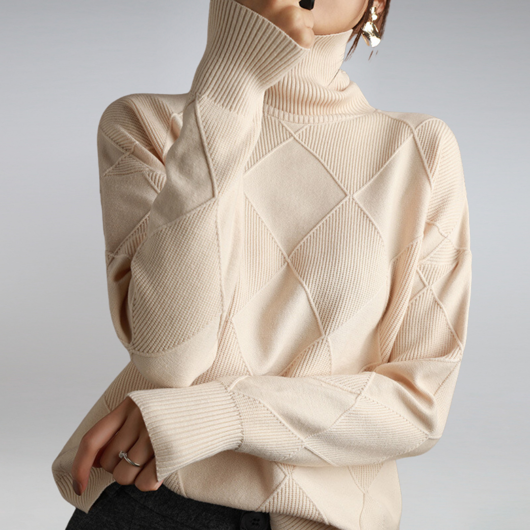 Weicher Pullover mit Stehkragen, Rippenstrick und Rauten-Design, cremefarben