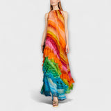 Maxikleid mit Volantbesatz, ärmellos, Hochhals, schräger Stand, buntes Farbverlauf-Muster