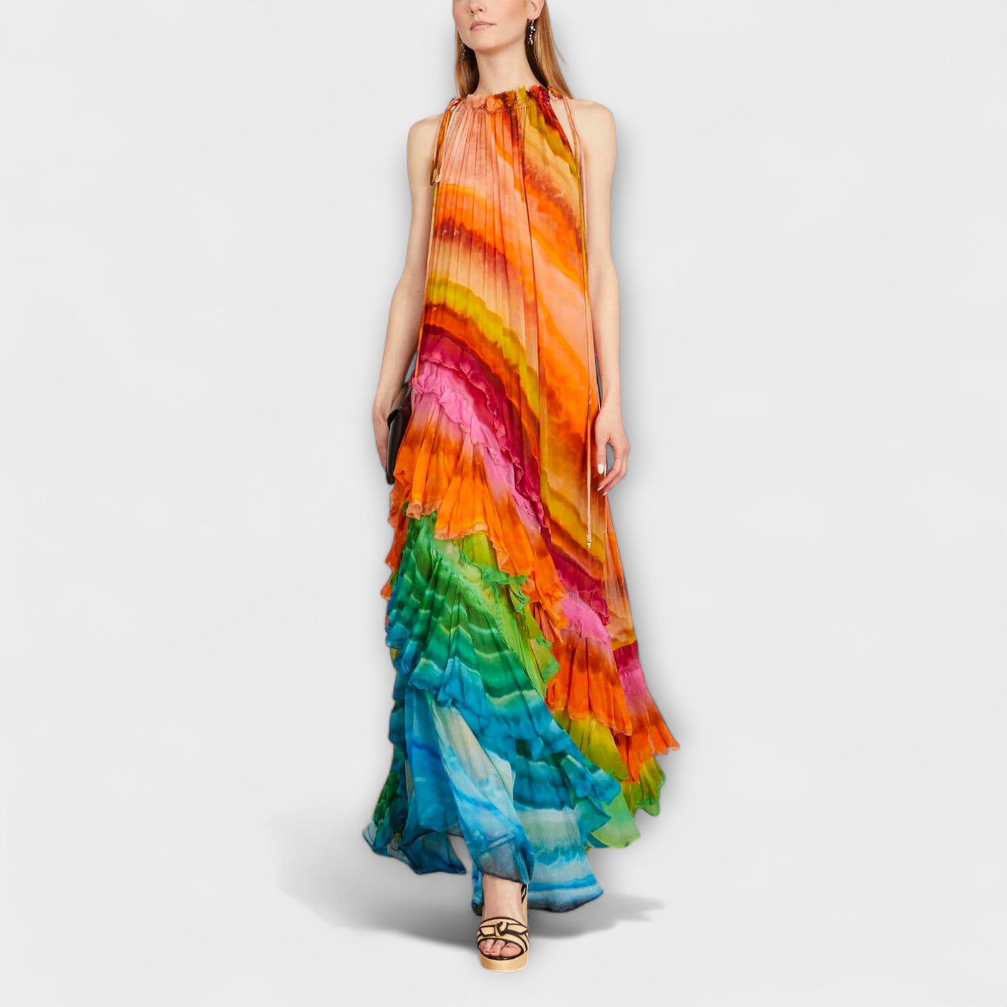 Maxikleid mit Volantbesatz, ärmellos, Hochhals, schräger Stand, buntes Farbverlauf-Muster