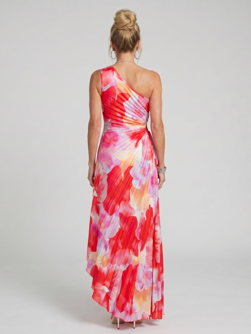 Rückenansicht: Midi-Kleid mit One-Shoulder-Träger und floralem Rot-Pink-Blumenmuster