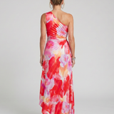 Rückenansicht: Midi-Kleid mit One-Shoulder-Träger und floralem Rot-Pink-Blumenmuster