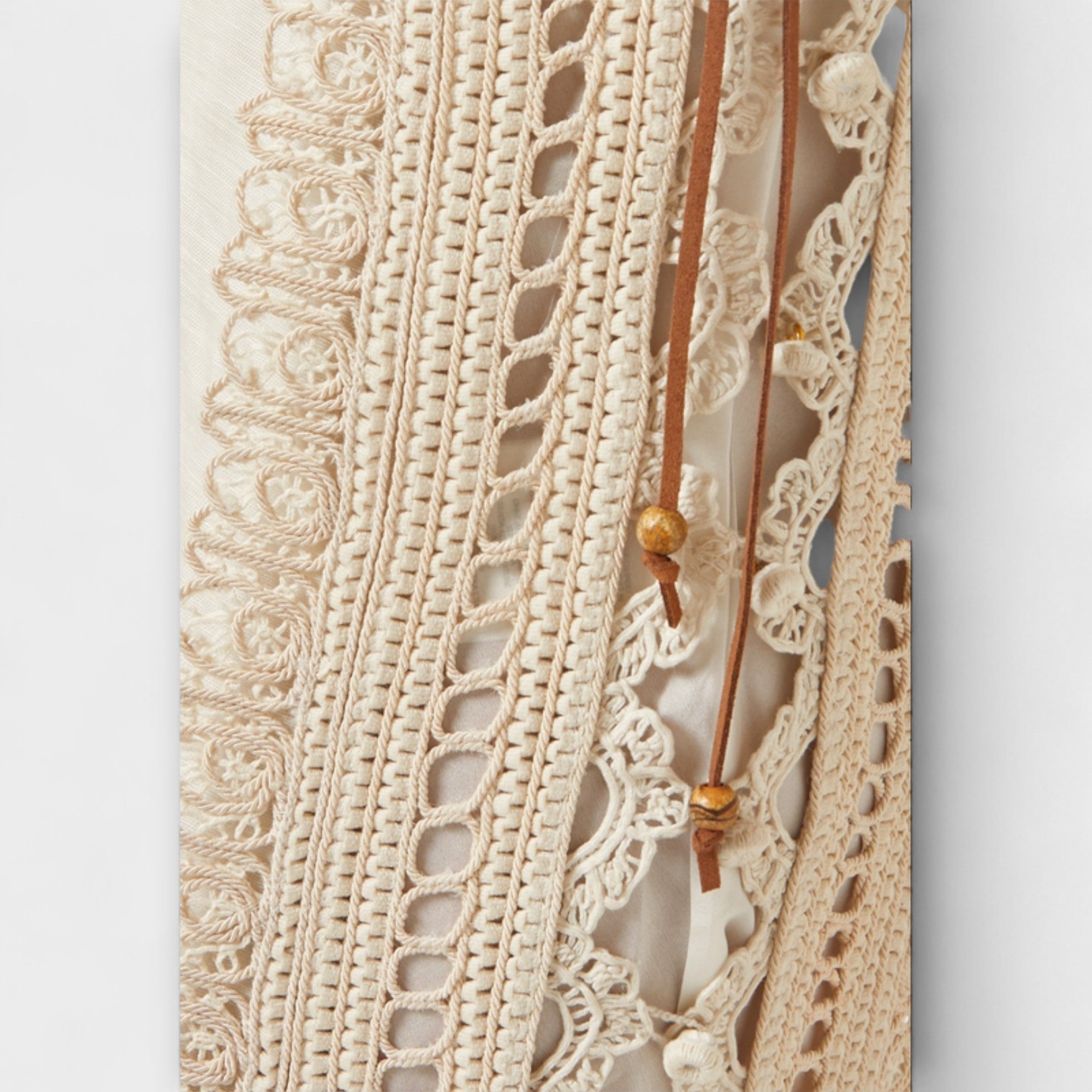 Detail: cremefarbenes Spitzen-Lochstickerei-Muster am Organza-Kleid mit Zierfransen
