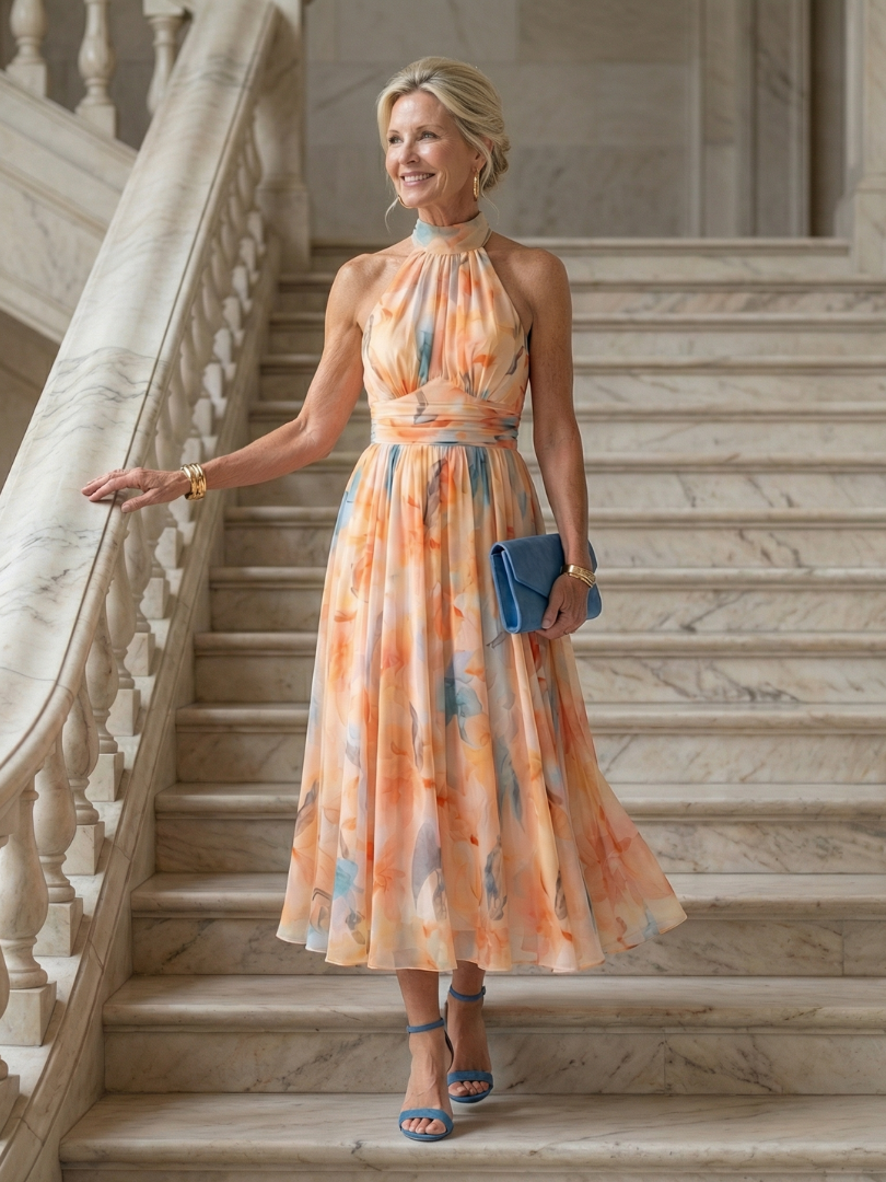 Halter-Midi-Kleid mit mehrfarbigem Muster, hoher Ausschnitt und weiter Rock