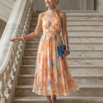 Halter-Midi-Kleid mit mehrfarbigem Muster, hoher Ausschnitt und weiter Rock