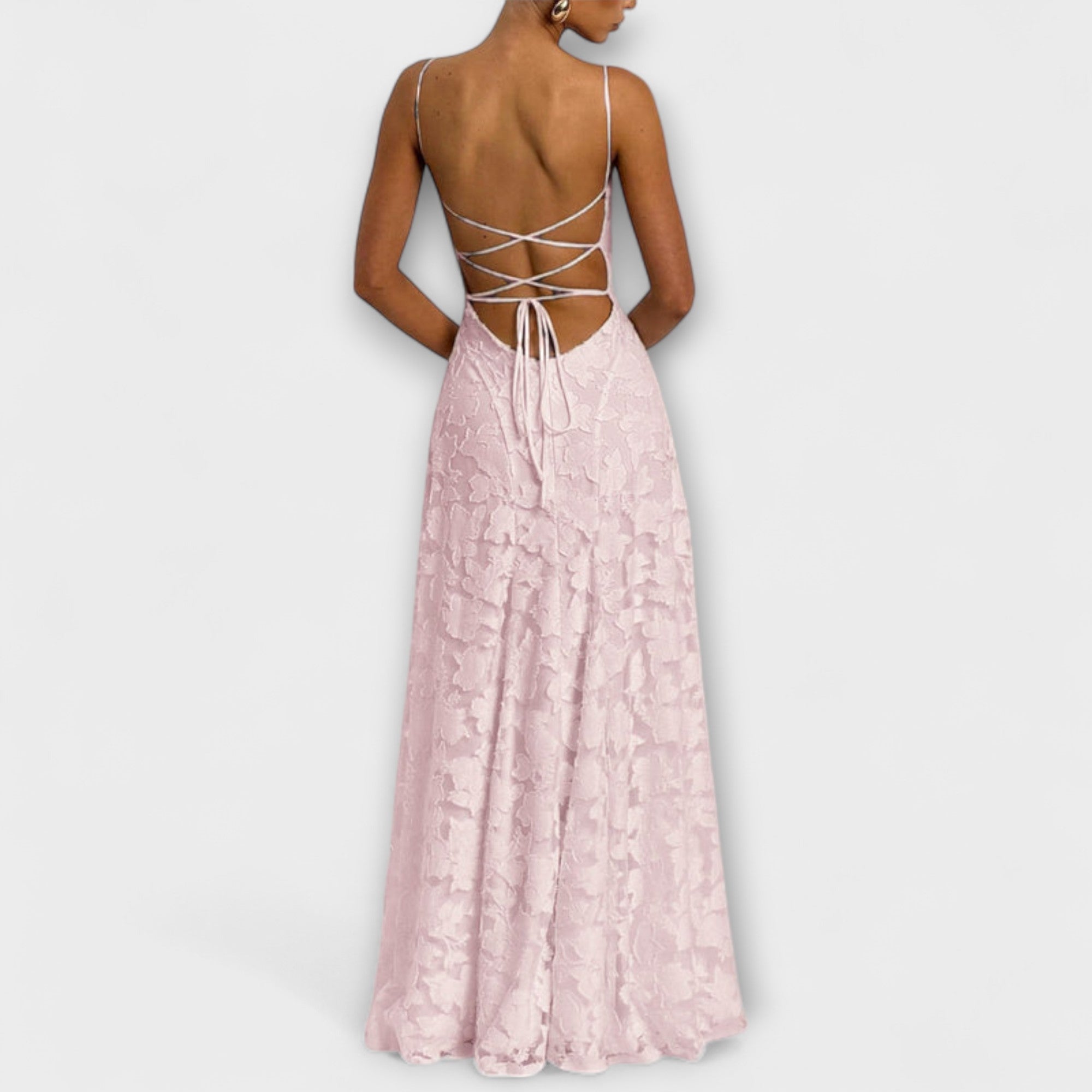 Rosa Jacquard-Maxikleid mit gekreuzten Rückenträgern und offenem Rücken