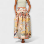 Beigefarbener Midi-Rock mit A-Linie, bunter Blumen- und Arabesken-Print, Zierband am Saum.