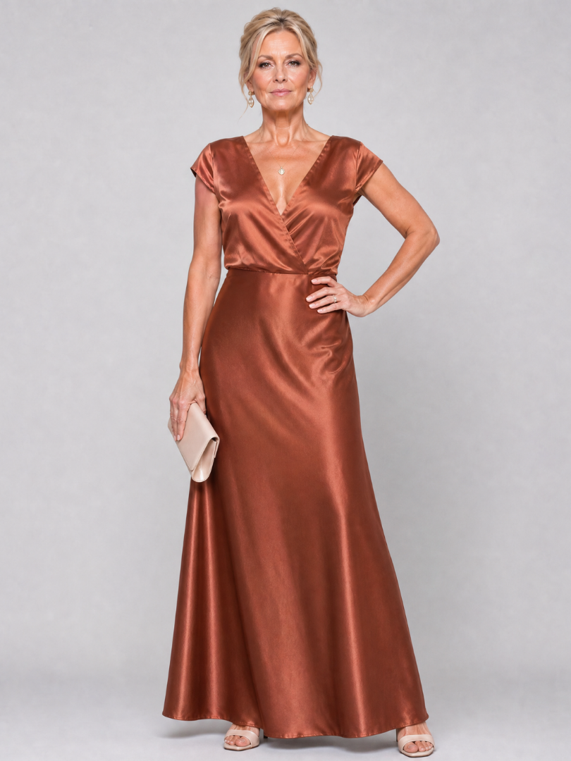 Braunes Maxikleid mit Wickeloberteil und kurzen Ärmeln, glänzende Satinoptik