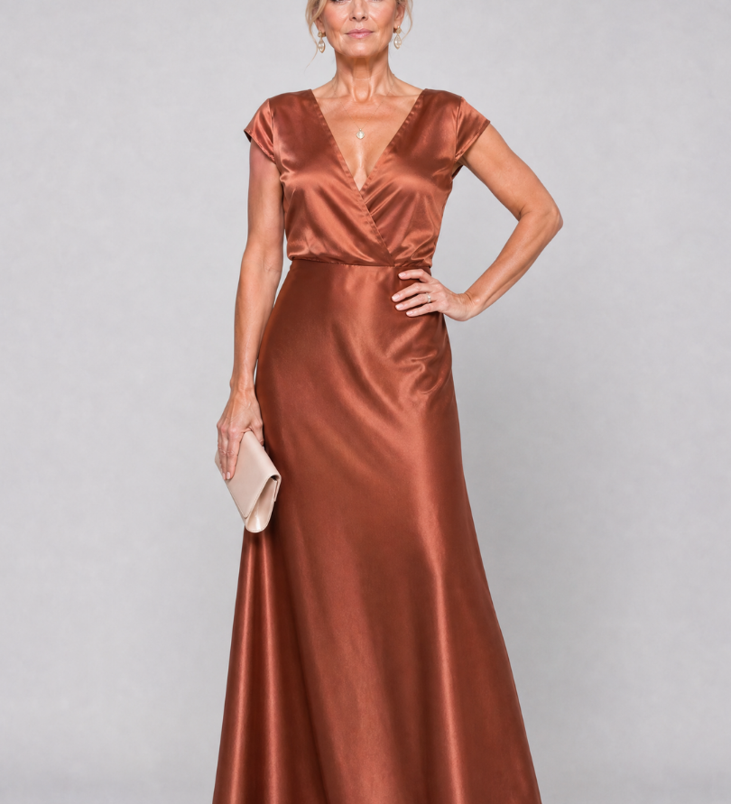 Braunes Maxikleid mit Wickeloberteil und kurzen Ärmeln, glänzende Satinoptik