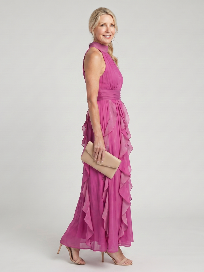 Pinkes Maxikleid mit hohem Hals, ärmellos, Rüschenschichten und flatterndem Rock