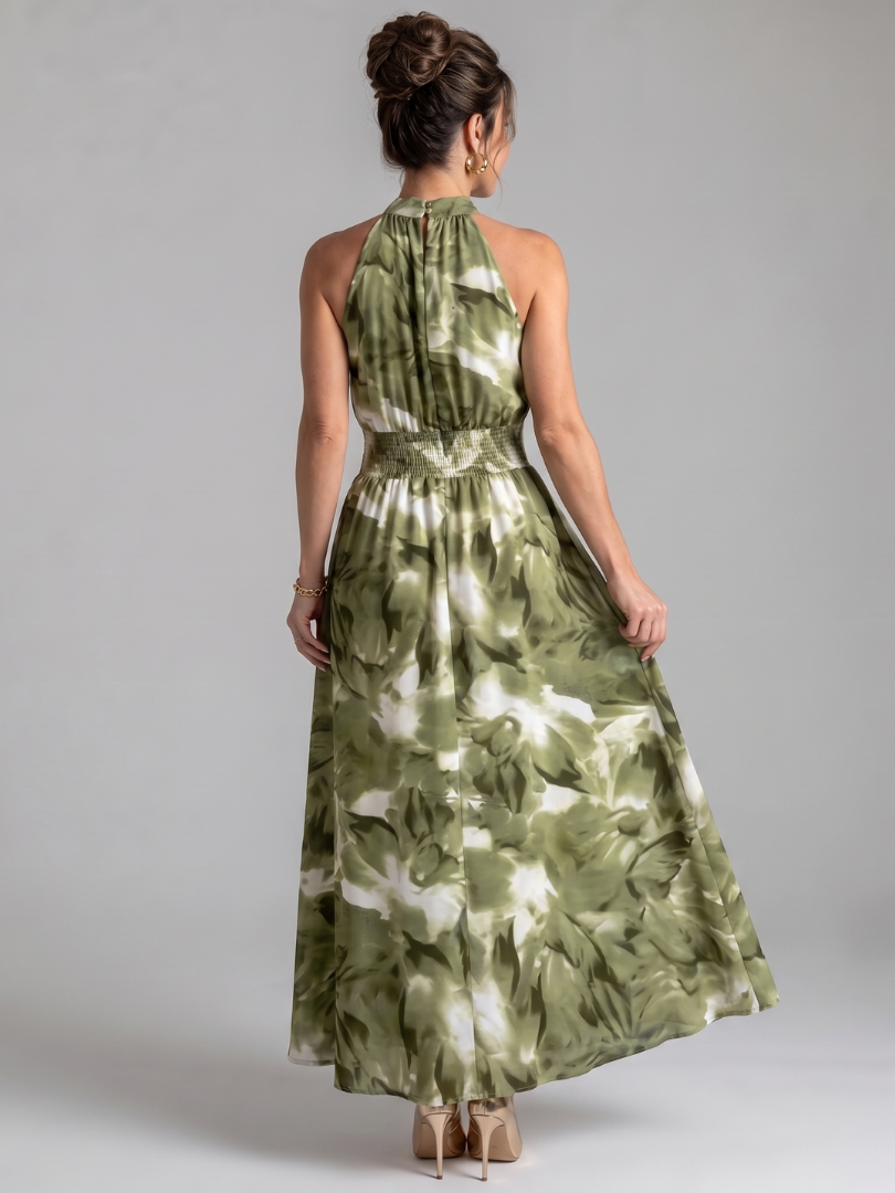 Grünes Midi-Kleid mit hohem Rückenausschnitt, geraffter Taille und abstraktem Druck