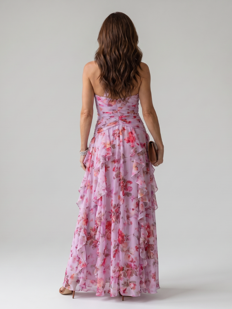 Halterneck-Rüschentop Maxikleid, pinkes Floral, Rückansicht, geraffter Bindegürtel
