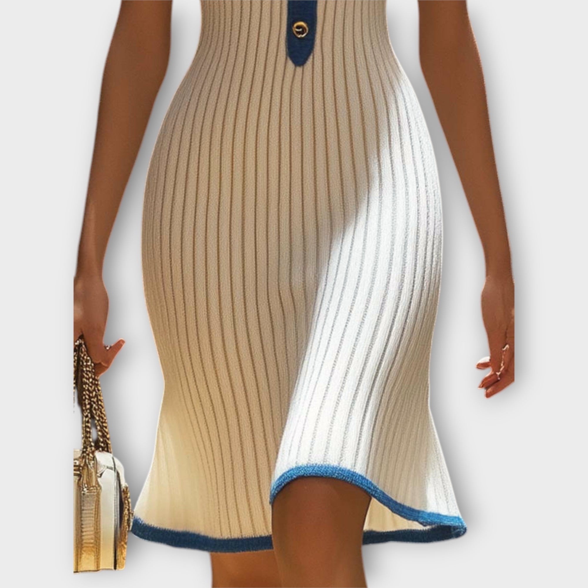 Midi-Fishtail-Strickkleid, creme mit blauem Saum und schwingendem, spitzem Fishtail