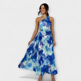 Blaues Maxikleid mit Cut-out am Oberteil und geraffter Taille, langes Rockdesign