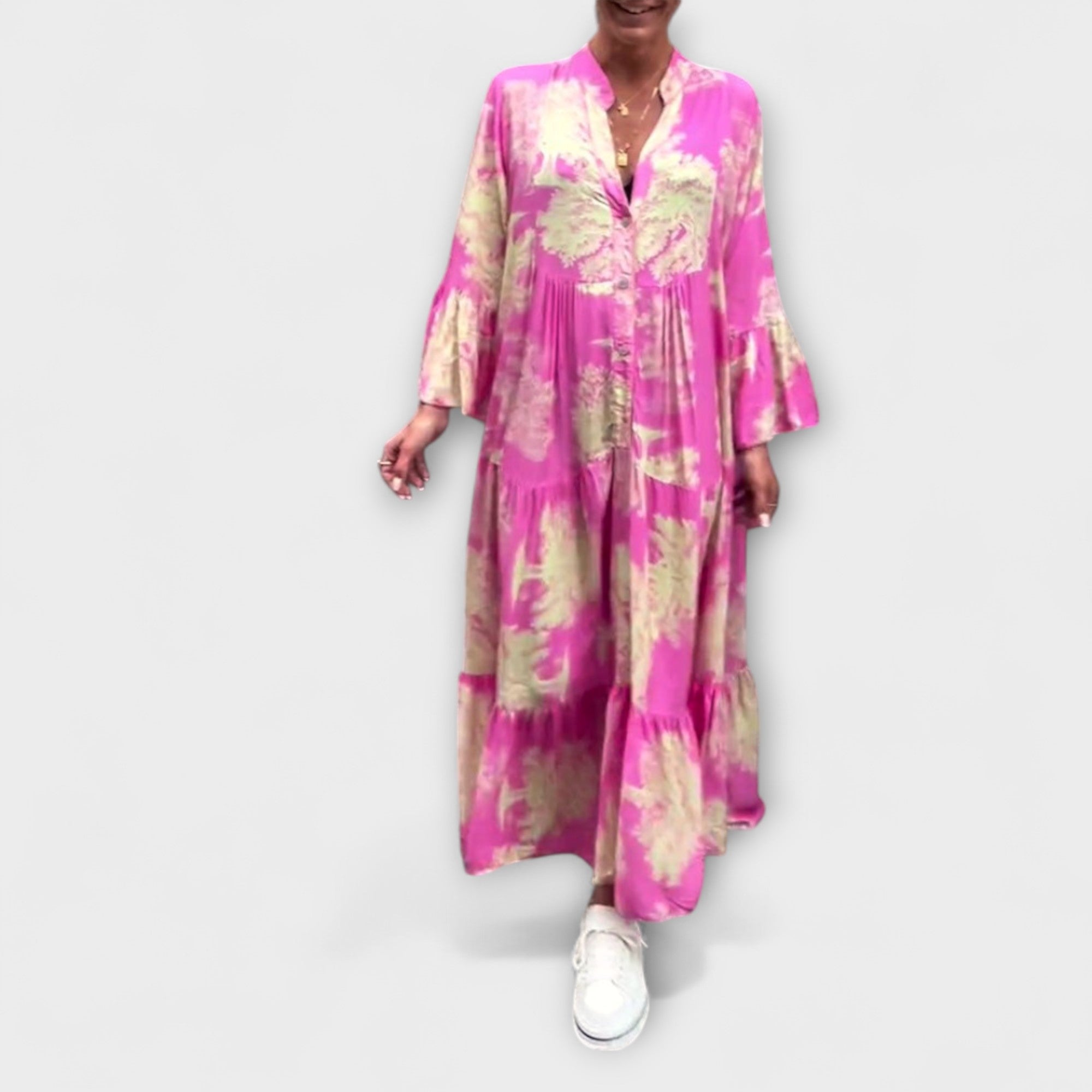 Maxi-Kleid mit V-Ausschnitt und Knopfleiste, pink-beiges Muster, Volantsaum