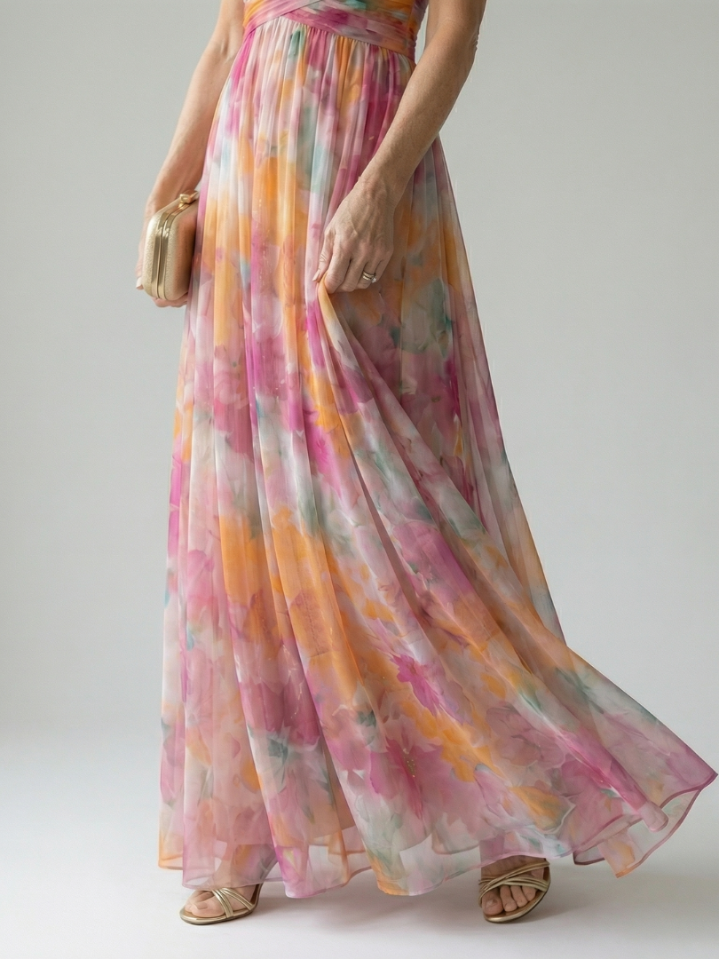 Maxi-Wickelkleid, schwingender Rock mit bunter Farbverlauf-Optik und transparenten Lagen