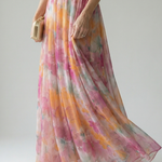 Maxi-Wickelkleid, schwingender Rock mit bunter Farbverlauf-Optik und transparenten Lagen