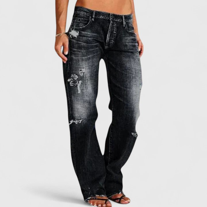 Schwarze Jeans mit Destroyed-Optik an den Oberschenkeln, gerader Schnitt