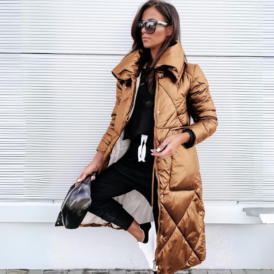 Miriam längere Parka-Jacke, khakibraun, wattiert, Kapuze, Reißverschluss, Knöpfe