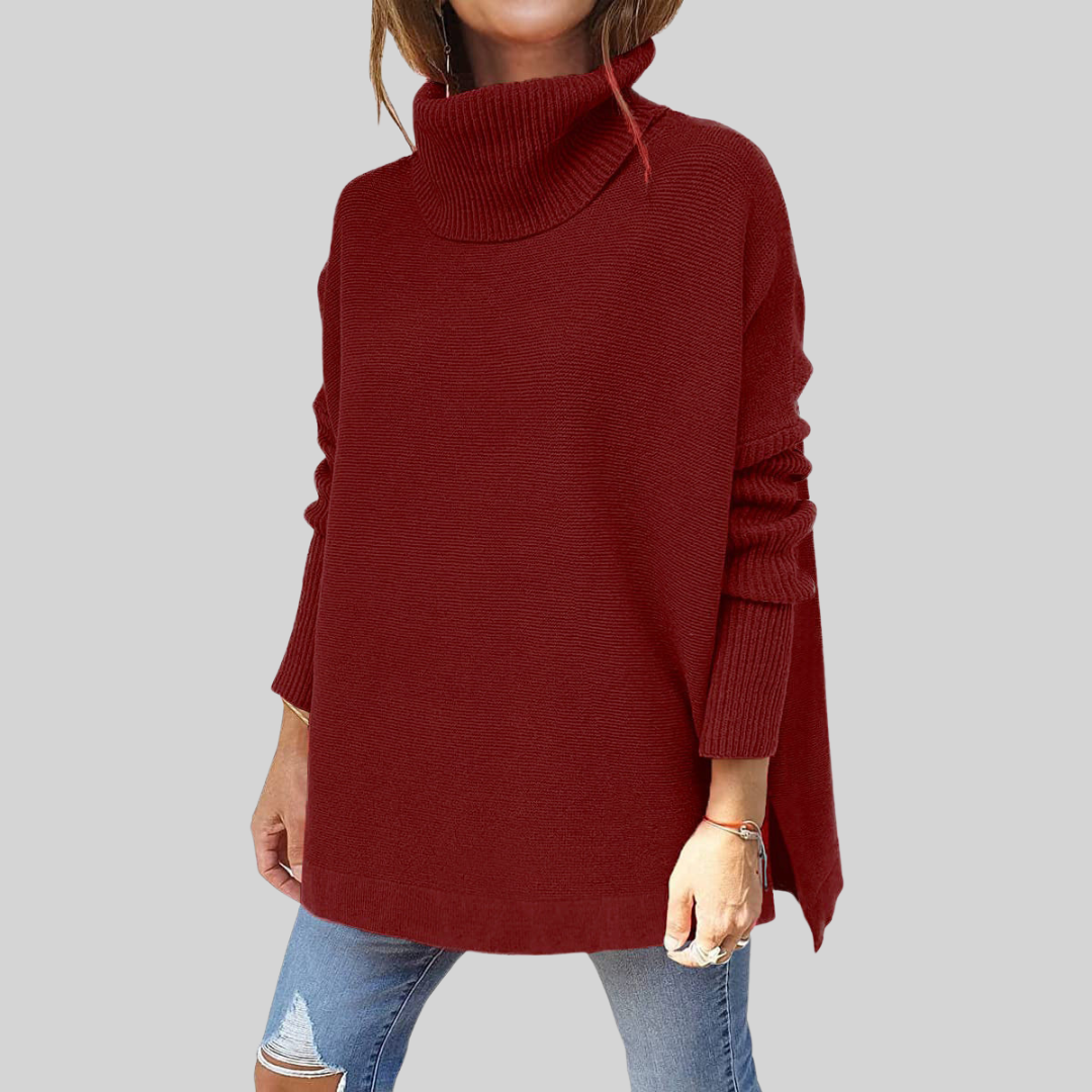 Oversize-Pullover mit Rollkragen, weinrot, lange Ärmel, Rippbündchen