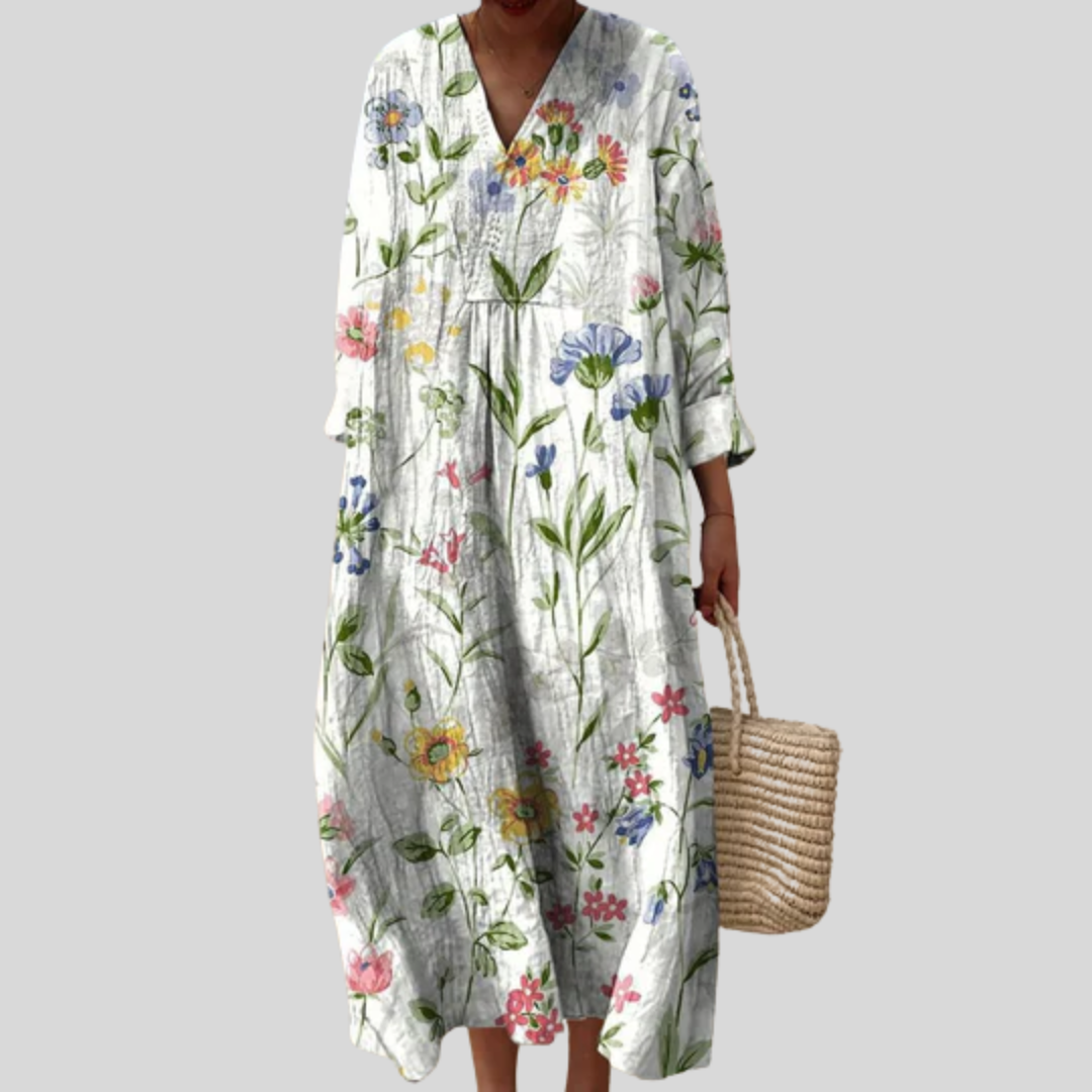 Flatterndes Sommerkleid mit Blumenprint, V-Ausschnitt und langen, weiten Ärmeln