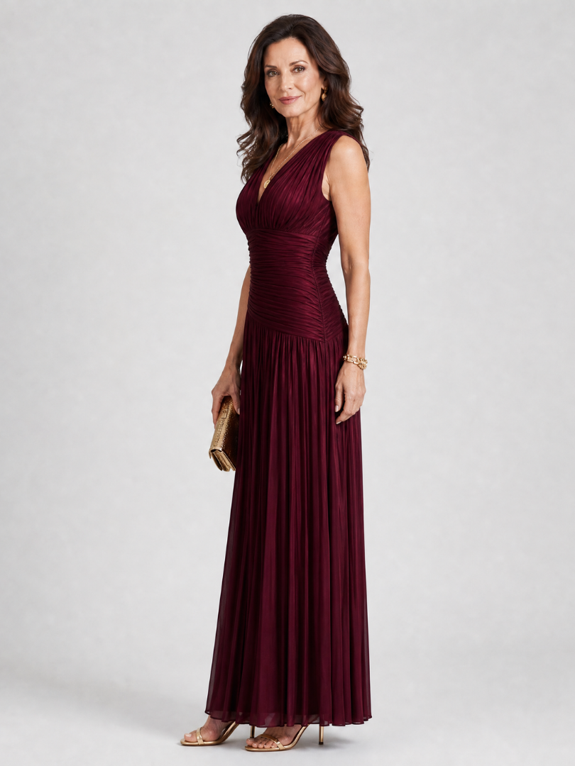 Burgunderrotes ärmelloses Midi-Kleid mit V-Ausschnitt, gerafftem Oberteil und Faltenrock