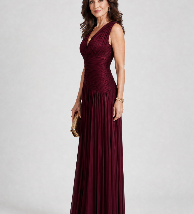 Burgunderrotes ärmelloses Midi-Kleid mit V-Ausschnitt, gerafftem Oberteil und Faltenrock