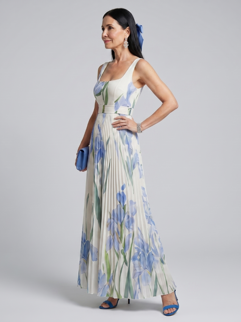 Ärmelloses Midikleid mit quadratischem Ausschnitt, florales Muster in Blau und Grün