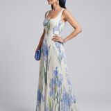 Ärmelloses Midikleid mit quadratischem Ausschnitt, florales Muster in Blau und Grün