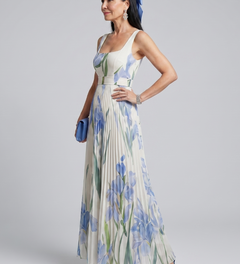 Ärmelloses Midikleid mit quadratischem Ausschnitt, florales Muster in Blau und Grün