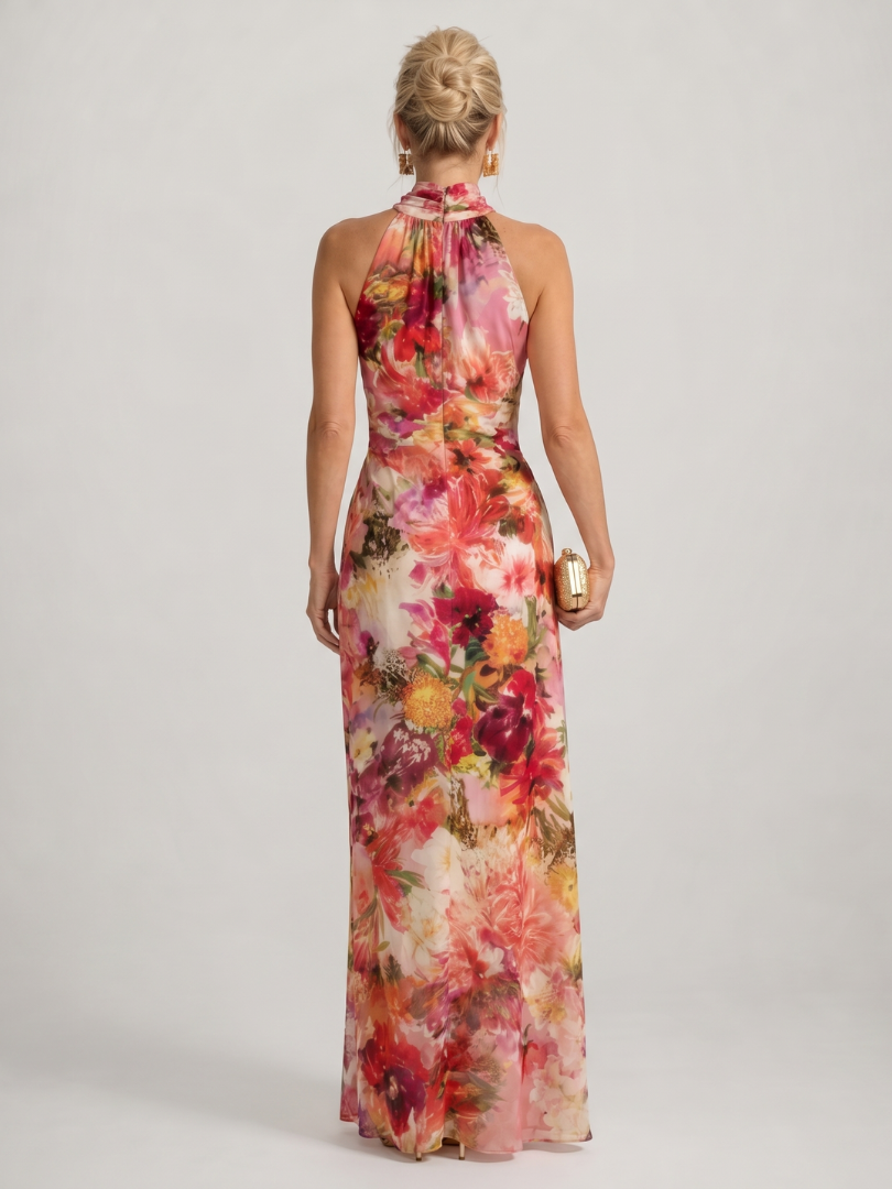 Maxikleid mit Neckholder-Rücken, florales Blumenmuster in Pink/Rot