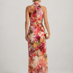 Maxikleid mit Neckholder-Rücken, florales Blumenmuster in Pink/Rot