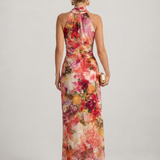 Maxikleid mit Neckholder-Rücken, florales Blumenmuster in Pink/Rot